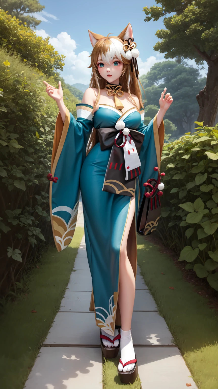  masterpiece,  better quality, De alta calidad,  full body hair drill, outdoors,  Looking at the spectator, 1 girl,  dynamic pose , hina-fi ,  Bicolor Hair ,  Japanese clothing , Green Kimono, cola,  Bare shoulders ,