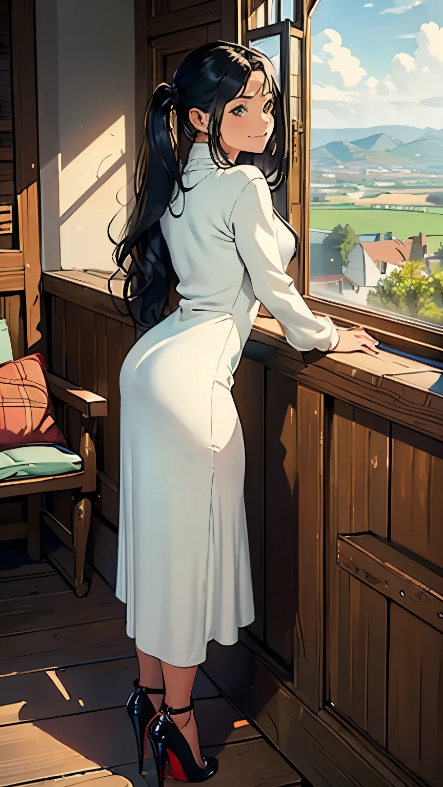    ((masterpiece, high resolution, better quality, better details)), ((Smiling)), ((one girl)) a girl reading a book on a cozy window seat in a quaint cottage, full body, wearing a long, wool knit sweater maxi dress with a turtleneck, ((long dress without openings)), ((Louboutin high heels)), visible high heels, green eyes, ((black hair, long hair)), shiny skin, ((front view)), solo, from the front, full body, focus full body, with soft cushions and a view of the countryside