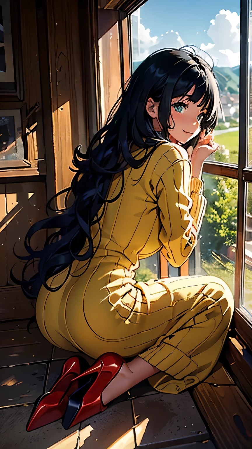    ((masterpiece, high resolution, better quality, better details)), ((Smiling)), ((one girl)) a girl reading a book on a cozy window seat in a quaint cottage, full body, wearing a long, wool knit sweater maxi dress with a turtleneck, ((long dress without openings)), ((Louboutin high heels)), visible high heels, green eyes, ((black hair, long hair)), shiny skin, ((front view)), solo, from the front, full body, focus full body, with soft cushions and a view of the countryside