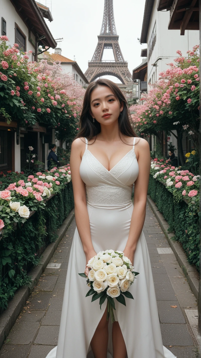 Ultra realistic, Cinematic, Arabic beautiful 22 years old woman, big smile, petite body, full body,pale skin, beautiful face, detailed face, hip is cocked and wide, ultra soft strapless white feminine figure tight summer mermaid laced dress, roses wall, large roses background, morning, ((looking at viewer:1.4)),((face towards me))