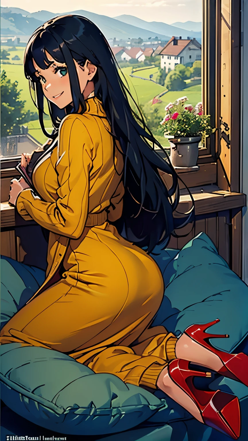    ((masterpiece, high resolution, better quality, better details)), ((Smiling)), ((one girl)) a girl reading a book on a cozy window seat in a quaint cottage, full body, wearing a long, wool knit sweater maxi dress with a turtleneck, ((long dress without openings)), ((Louboutin high heels)), visible high heels, green eyes, ((black hair, long hair)), shiny skin, ((front view)), solo, from the front, full body, focus full body, with soft cushions and a view of the countryside