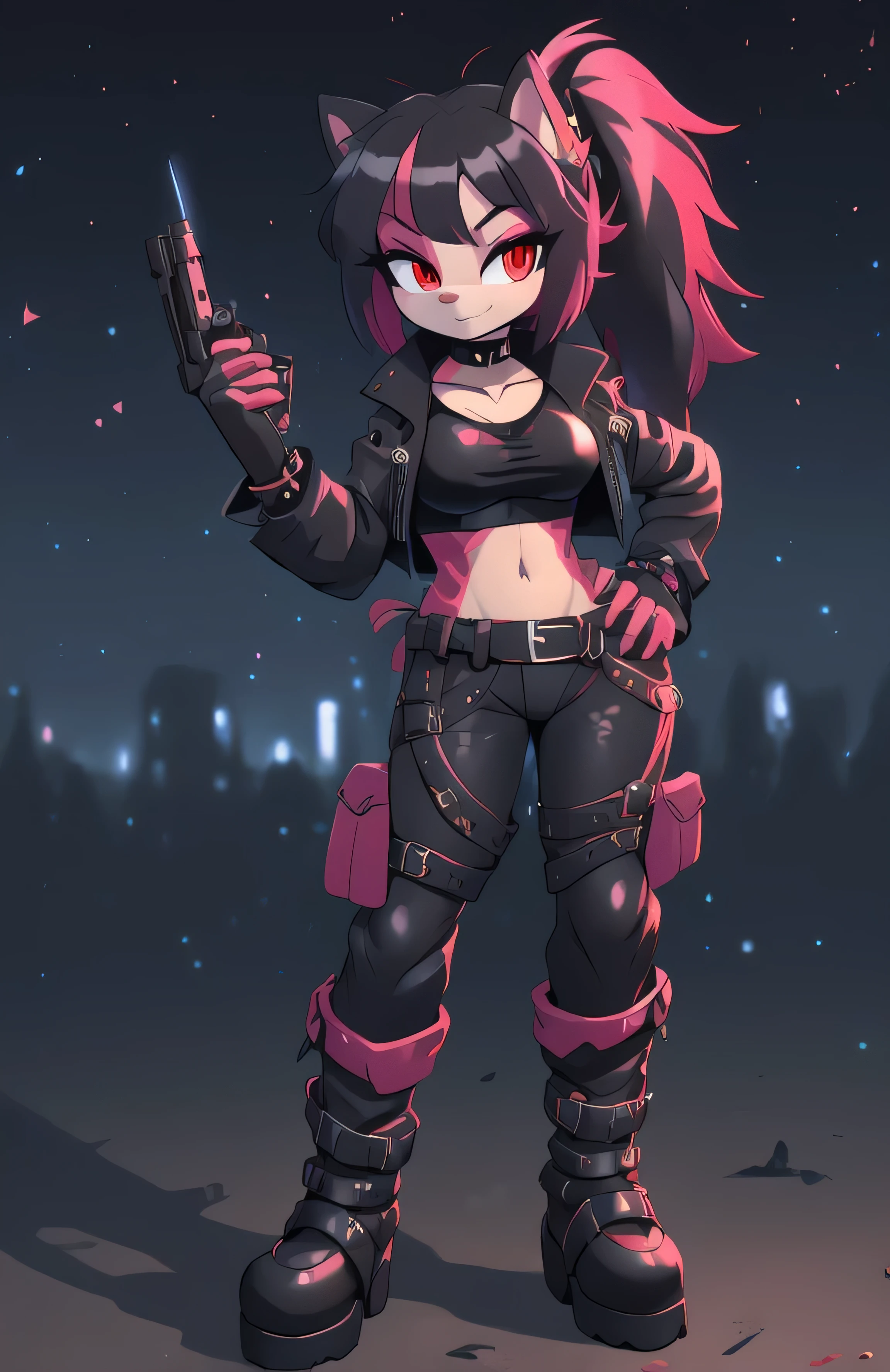 ((masterpiece)) ((UHD)) 4K, High detailed, ((detailed shadowing)) Female anthropomorphic hedgehog, mobian, black fur, furry, Anime style art, Studio Quality, Atractive, gorgeous body, portrait, Best Quality, High resolution, breasts, midriff, multicolored hair black messy long Punk Hair with crimson highlights, long bangs, short ponytail, red eyes, purple eyeshadow, open black leather jacket with magenta lining, black cropped undershirt, belt, magenta spike bracelets, black fingerless gloves, black choker, earrings, black leather pants with magenta stripes, black and crimson punk boots, smug, tactical straps, gun in holster, Looking at viewer, finger gun, ((nighttime)) ((starry sky)) ((ambient lighting)) (cinematic lighting)) helicopter pad