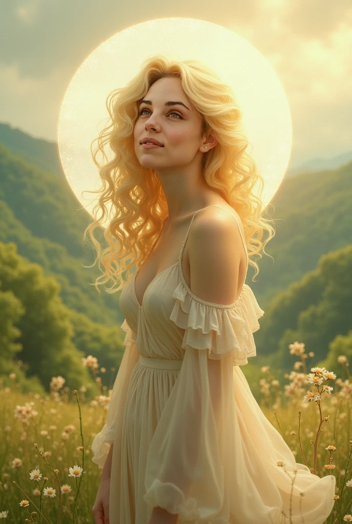 Create an image of a woman with long curly white hair. She is wearing a dark green dress with red flowers. She is happy and smiling. She is looking at the stars and the moon