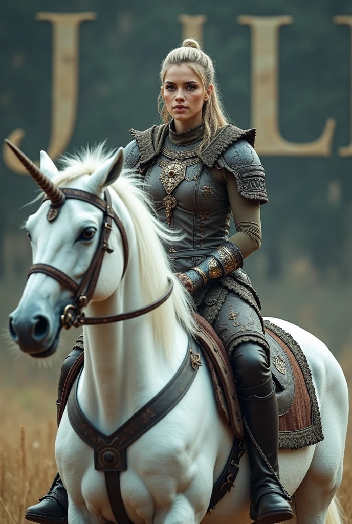 a beautiful woman wearing war clothes while riding a white unicorn with a background that says jill like in the film