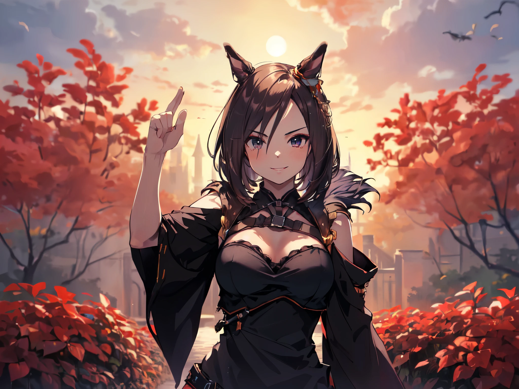 (Solo:2), (1 female:2), (Durandal), (Short fingers, short arms, short legs), (Horse ears), (Arms crossed), (Smiling, looking at camera), (Castle red garden), (Sunset), (Focus on chest), (Carefully drawn, amazing artwork, best quality, high resolution, 8K, detailed, delicate),