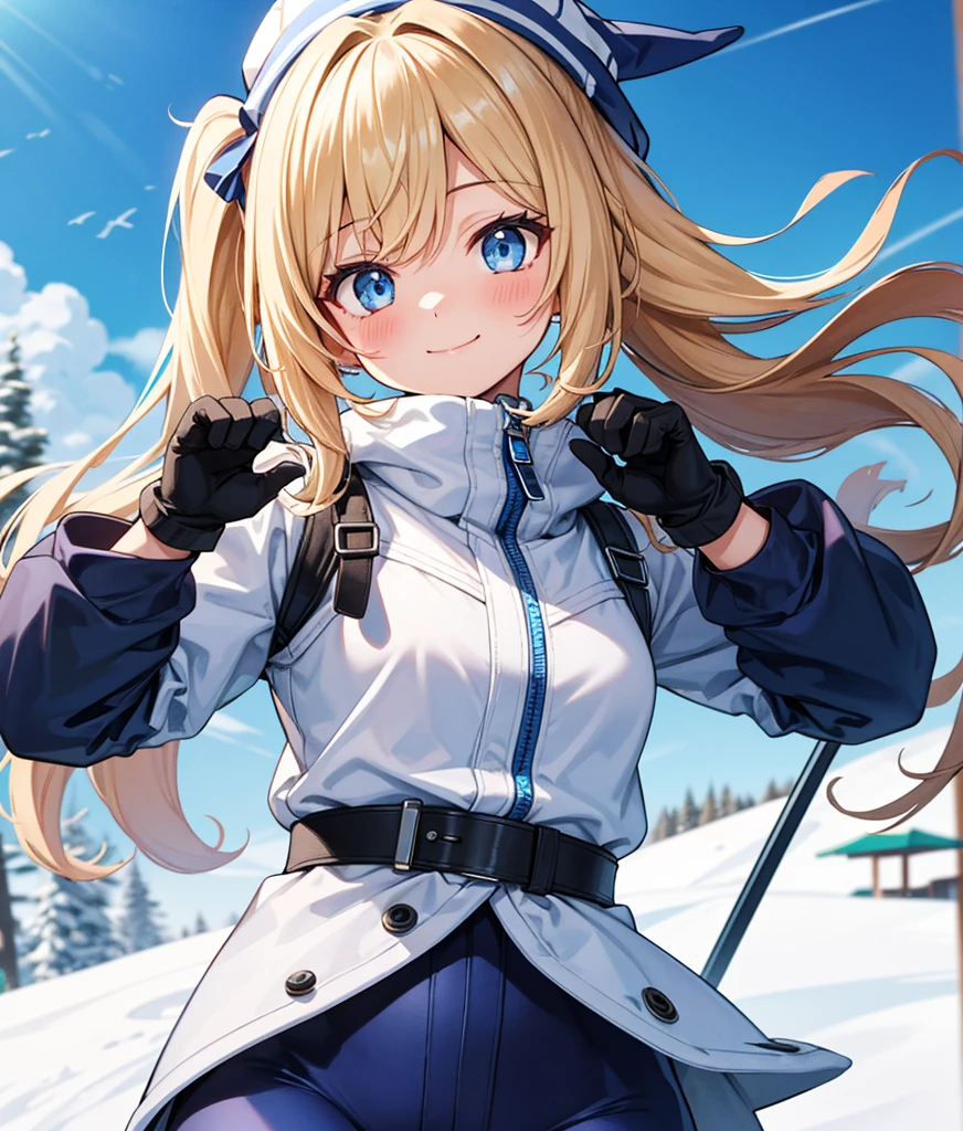  One girl , solo,  high res,  long hair,  look,  blush,  smiles,  blue eyes, Blonde,  high res, masterpiece, accurate,  anatomically correct ,  won numerous awards, 最高quality,  detail , 高い detail , 高quality, quality,  retina,  very detailed,  textured skin ,  Ultra Fine,  Pants Style ,  ski resort,  ski resortの背景,  standing, Mittens gloves , Knitted hat, ((((white and blue ski wear)))), Emphasize the upper body, 