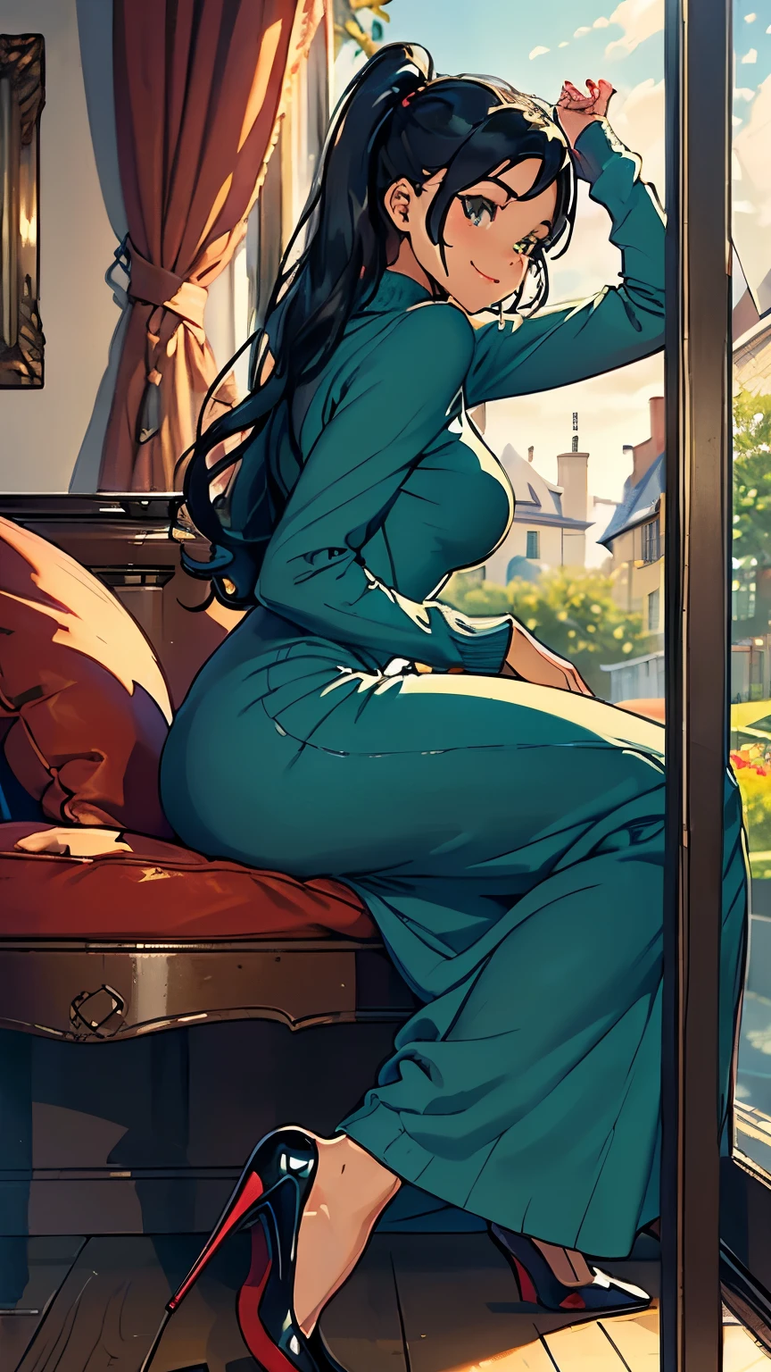    ((masterpiece, high resolution, better quality, better details)), ((Smiling)), ((one girl)) a girl reading a book on a cozy window seat in a quaint cottage, full body, wearing a long, wool knit sweater maxi dress with a turtleneck, ((long dress without openings)), ((Louboutin high heels)), visible high heels, green eyes, ((black hair, long hair)), shiny skin, ((front view)), solo, from the front, full body, focus full body, with soft cushions and a view of the countryside