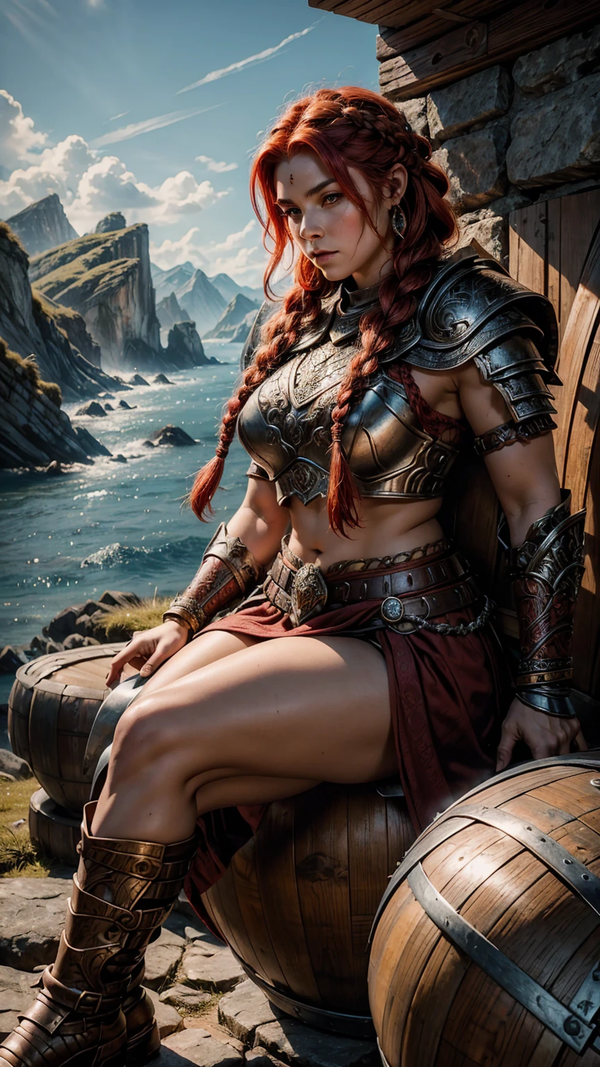 highly detailed, cinematic, realistic, a beautiful dwarven warrior inspired by Dungeons and Dragons that has travelled continents, signs of battles with sea serpents, giants and everything else the gods could imagine, she sits on a barrel o rocky ledge overlooking a valley, double edged ancient legendary axe, intricate half-plate armor, fiery red hair with intricate braids 