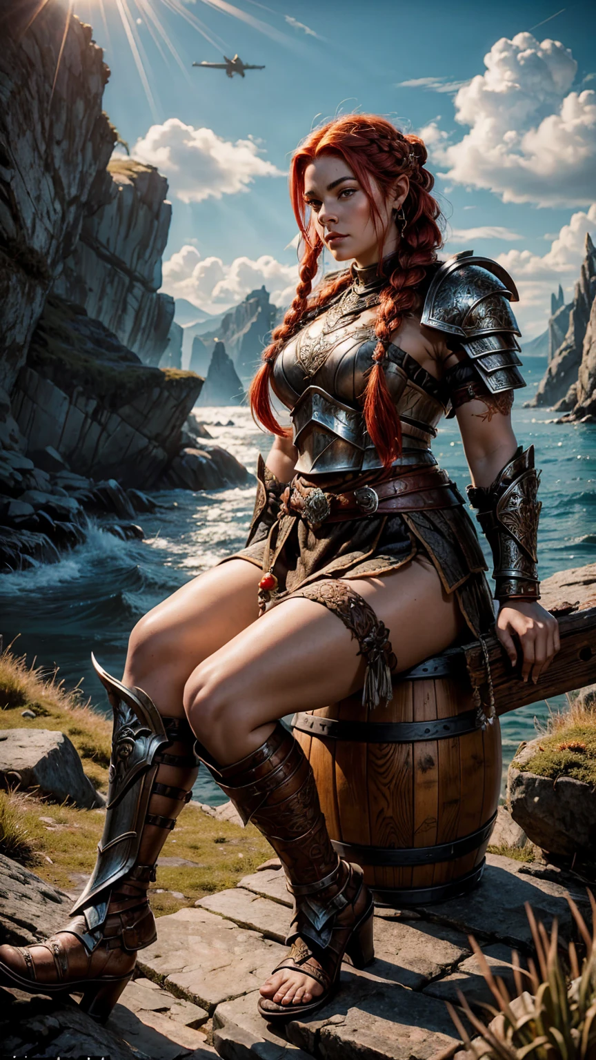 highly detailed, cinematic, realistic, a beautiful dwarven warrior inspired by Dungeons and Dragons that has travelled continents, signs of battles with sea serpents, giants and everything else the gods could imagine, she sits on a barrel o rocky ledge overlooking a valley, double edged ancient legendary axe, intricate half-plate armor, fiery red hair with intricate braids 