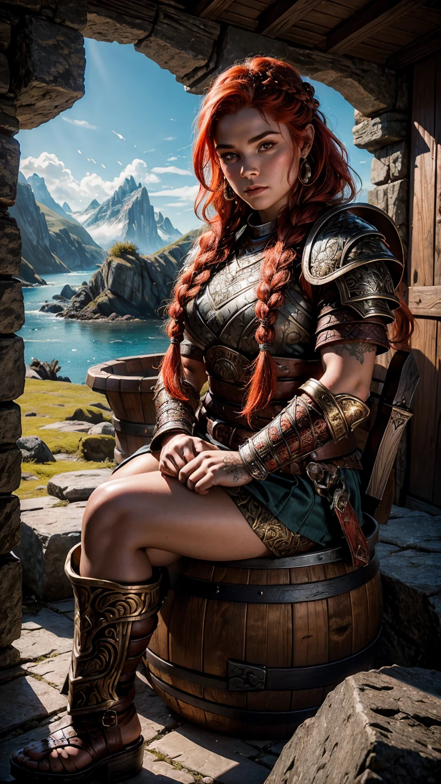 highly detailed, cinematic, realistic, a beautiful dwarven warrior inspired by Dungeons and Dragons that has travelled continents, signs of battles with sea serpents, giants and everything else the gods could imagine, she sits on a barrel o rocky ledge overlooking a valley, double edged ancient legendary axe, intricate half-plate armor, fiery red hair with intricate braids 