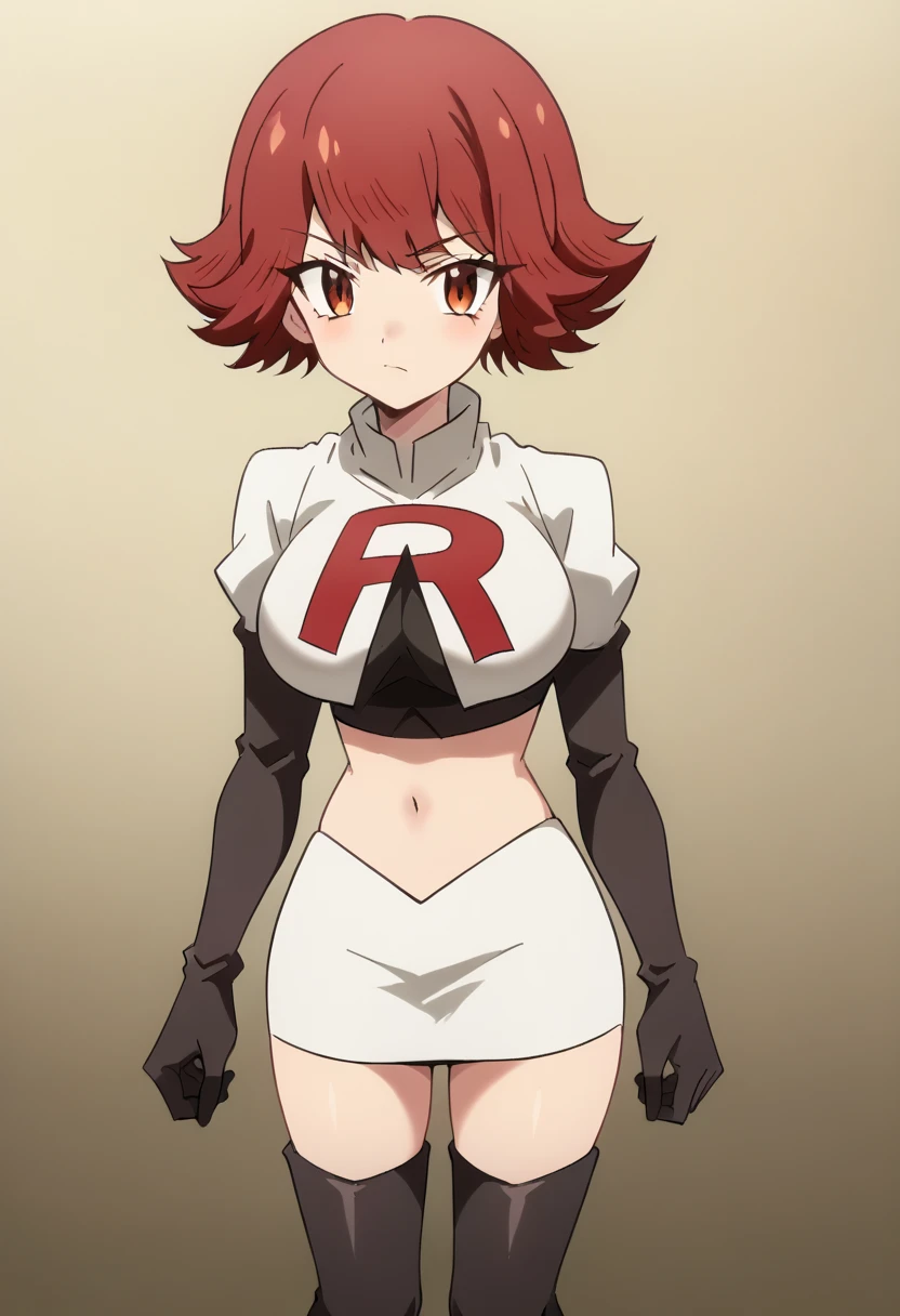 byleri, short hair, red hair, 1girl, brown eyes, brown hair, solo, large breasts, looking at viewer, team rocket,team rocket uniform,white skirt,red letter R,crop top,black thigh-highs,black elbow gloves, score_9, score_8_up, score_7_up, , anime coloring ,BREAK source_anime, anime