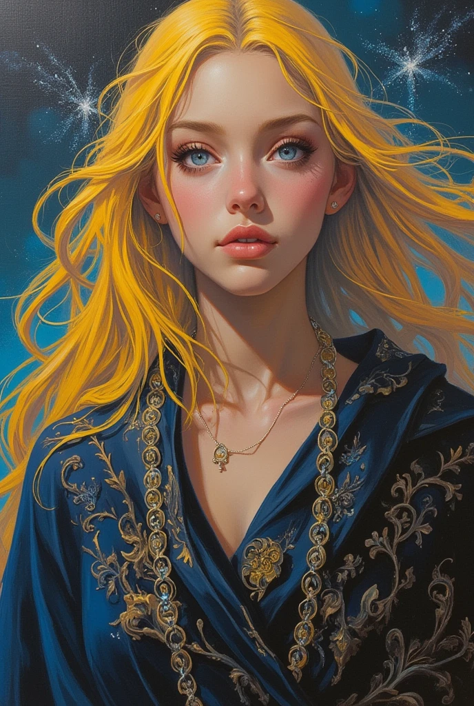   depicts a woman with blue eyes and yellow hair in a robe,  Detailed painting from the Dune movie , acrylic and spraypaint,  Wicked Realm Magical Painting Atmosphere ,  Detailed photo of the album cover  ,  detailed 4k painting , Ultra-detailed painting,  Airbrush Artwork ,  Airbrushed Painting , High definition painting ,  high-angle close-up , Detailed Airbrush Art , Black canvas painting 