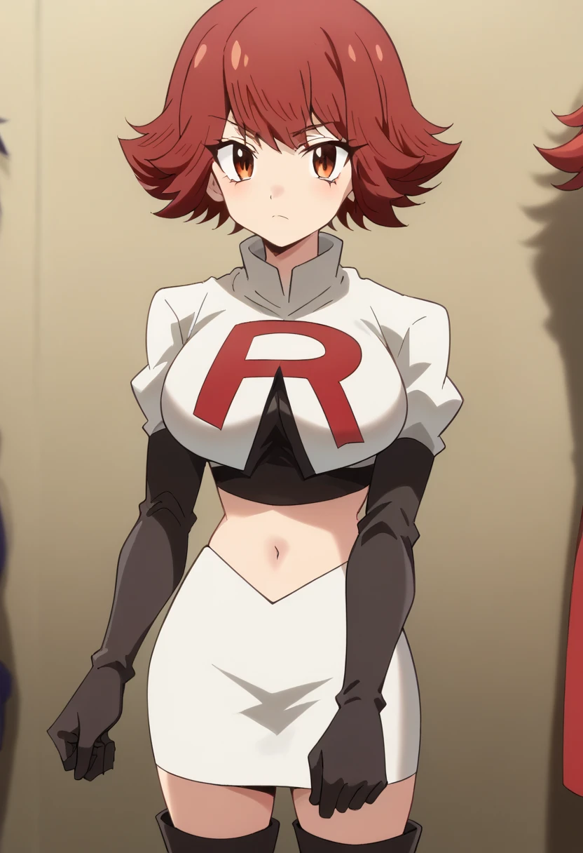 byleri, short hair, red hair, 1girl, brown eyes, brown hair, solo, large breasts, looking at viewer, team rocket,team rocket uniform,white skirt,red letter R,crop top,black thigh-highs,black elbow gloves, score_9, score_8_up, score_7_up, , anime coloring ,BREAK source_anime, anime