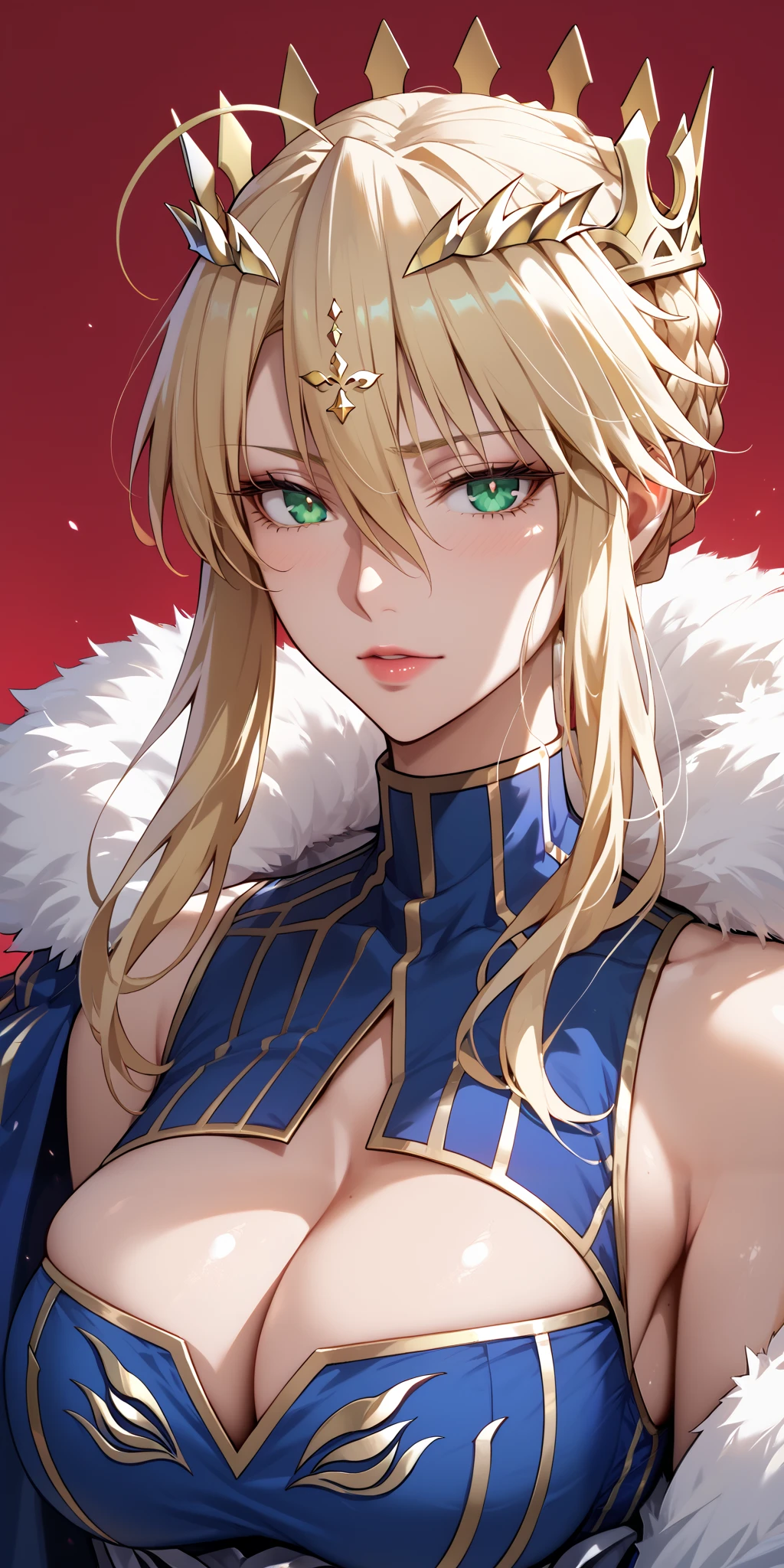 Score_9, Score_8_up, Score_7_up, Source_anime, anime art, very aesthetic, masterpiece, high quality, 1girl, blonde hair, braid, curvaceous, Artoria pendragon (lancer) (fate), sleeveless blue leotard, cutout cleavage, upper body, stunning visual cg