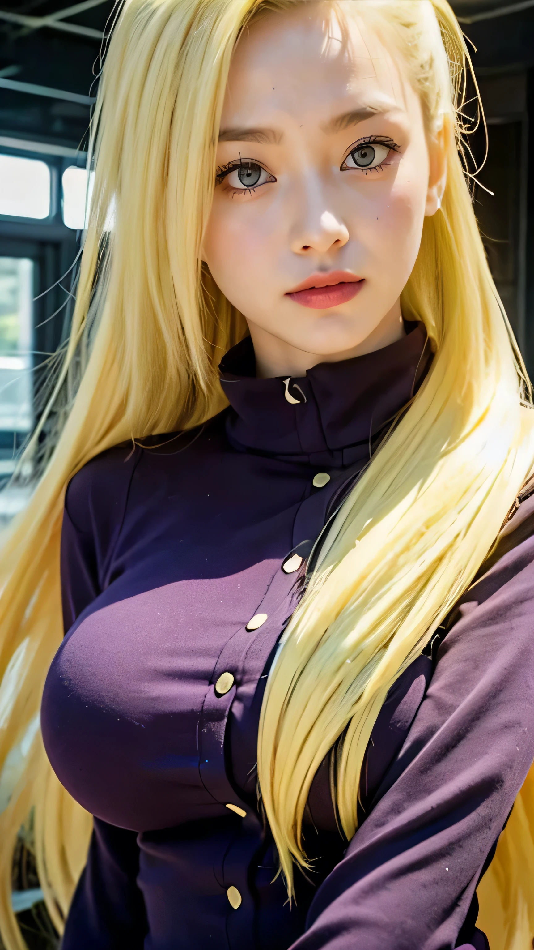 1girl, Close-up, ino\(Naruto theme), Solo, Purple sweater, Very Long Hair, Green Eyes, Yellow Hair, Anime Style, Looking at viewer, Big Breasts, indoor, Photorealistic, Realism, 