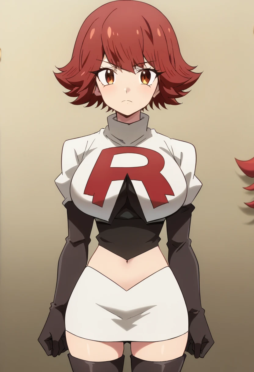 byleri, short hair, red hair, 1girl, brown eyes, brown hair, solo, large breasts, looking at viewer, team rocket,team rocket uniform,white skirt,red letter R,crop top,black thigh-highs,black elbow gloves, score_9, score_8_up, score_7_up, , anime coloring ,BREAK source_anime, anime