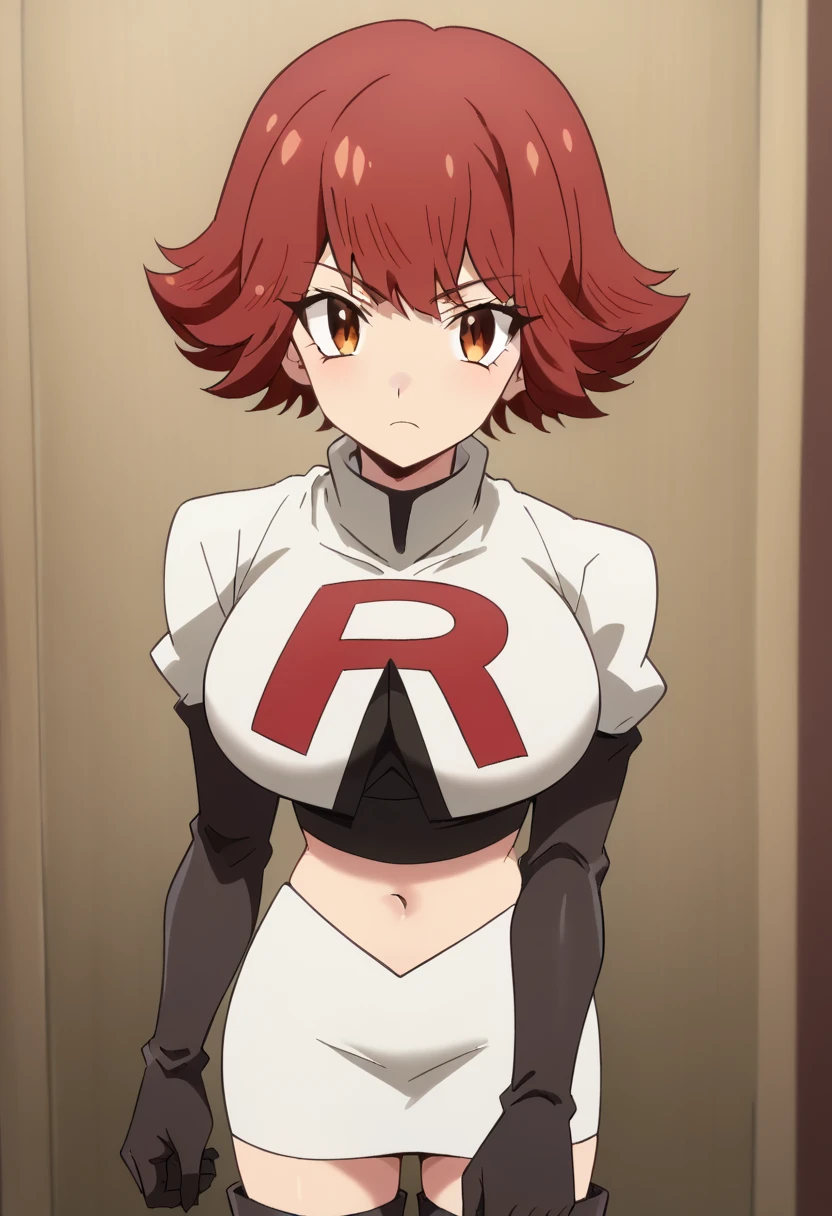 byleri, short hair, red hair, 1girl, brown eyes, brown hair, solo, large breasts, looking at viewer, team rocket,team rocket uniform,white skirt,red letter R,crop top,black thigh-highs,black elbow gloves, score_9, score_8_up, score_7_up, , anime coloring ,BREAK source_anime, anime