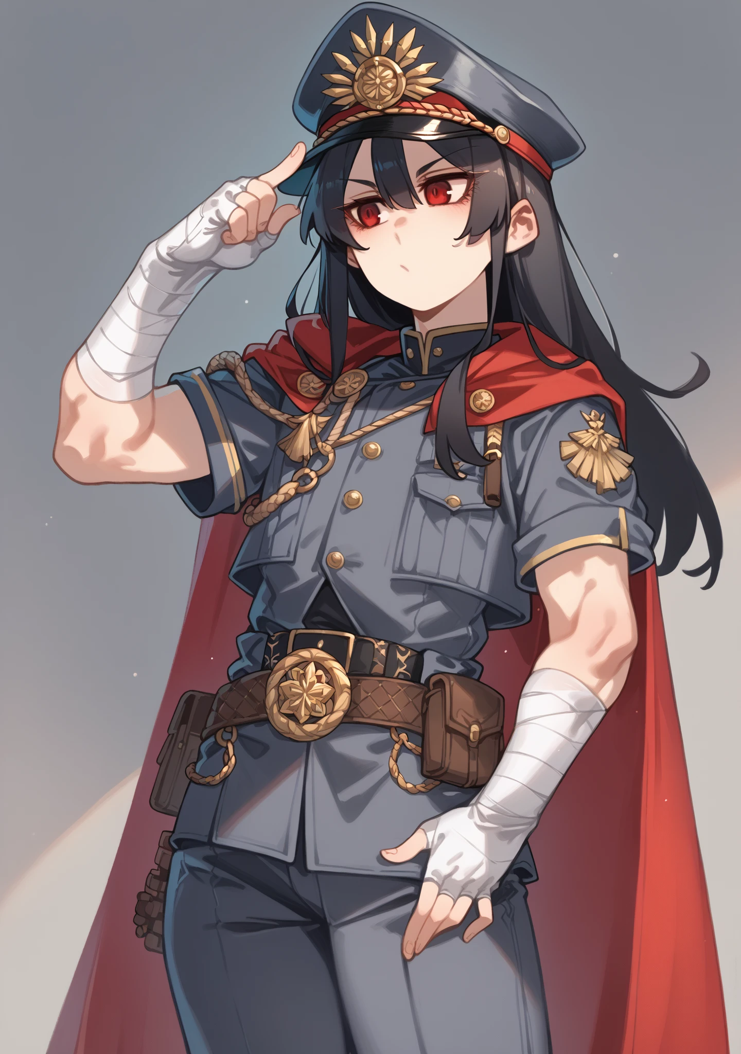 1boy, femboy, long hair, black hair, red eyes, peaked cap, military uniform, cape, jewelry, white gloves
Androgynous, long hair, black hair, red eyes, peaked cap, vest, waist cape, belt, pants, fingerless gloves, bandaged arm