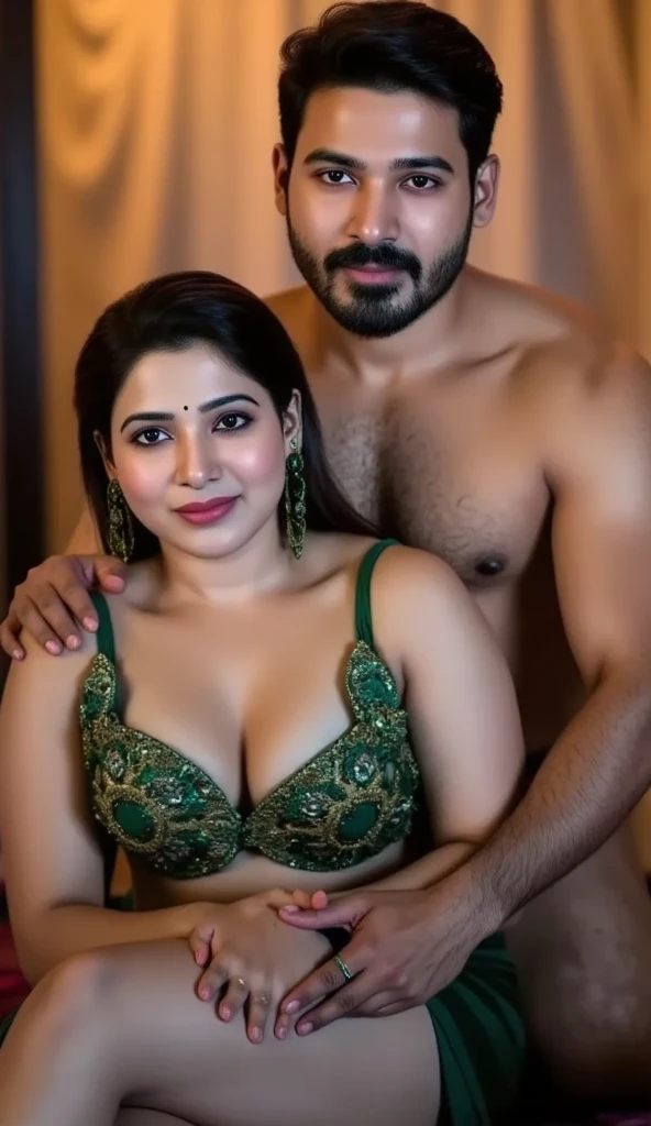 hot healthy south indian brown curvy milf with long down tied hair, simple small black dot bindhi, broad shoulder, big hip, big ass, thick thighs, woman wearing mini gown(very big breast clevage), in indian middle class house bedroom, ultra hd photo, 4k picture, looking at camera, tall indian muscular man with full lengthy beard side skin fade hairstyle wearing underwear standing with woman, man from behind putting his hand around woman’s waist, couple lying in bed looking at camera giving simple pose,fully clothed, front full body perfect top aerial view, man and woman sleeping on bed 