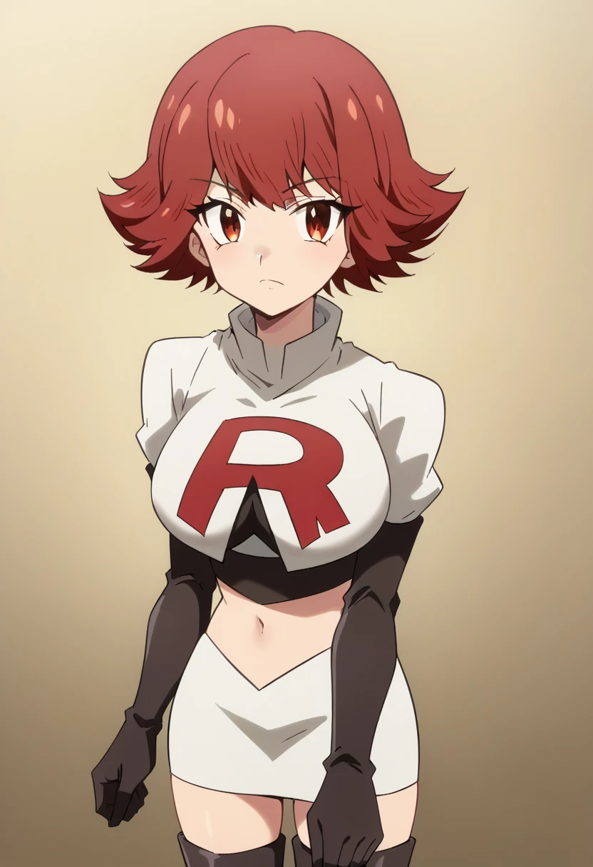 byleri, short hair, red hair, 1girl, brown eyes, brown hair, solo, large breasts, looking at viewer, team rocket,team rocket uniform,white skirt,red letter R,crop top,black thigh-highs,black elbow gloves, score_9, score_8_up, score_7_up, , anime coloring ,BREAK source_anime, anime