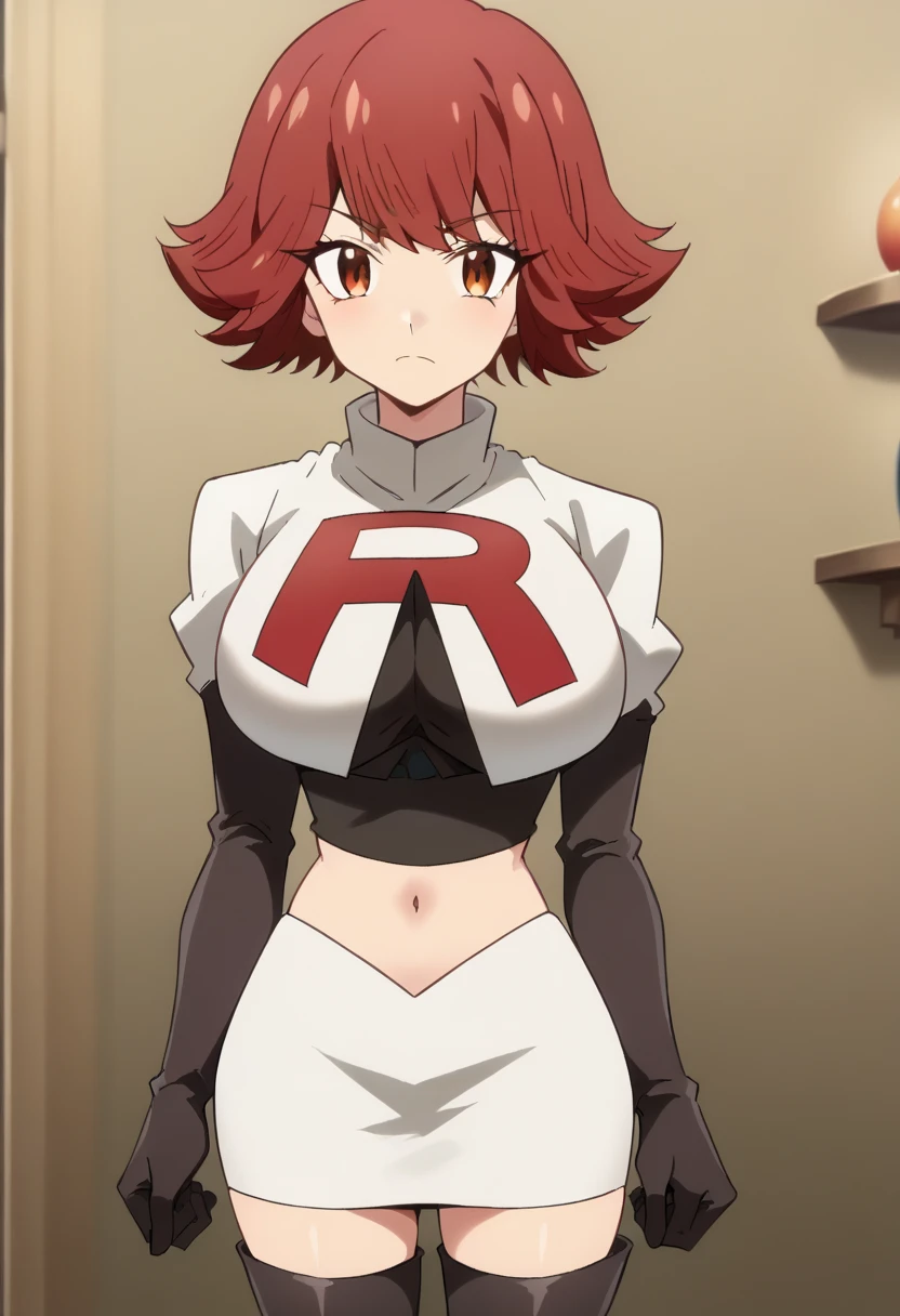 byleri, short hair, red hair, 1girl, brown eyes, brown hair, solo, large breasts, looking at viewer, team rocket,team rocket uniform,white skirt,red letter R,crop top,black thigh-highs,black elbow gloves, score_9, score_8_up, score_7_up, , anime coloring ,BREAK source_anime, anime