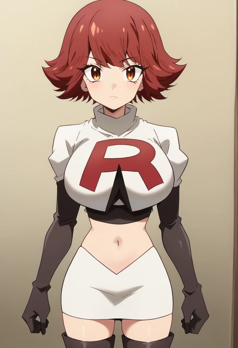 byleri, short hair, red hair, 1girl, brown eyes, brown hair, solo, large breasts, looking at viewer, team rocket,team rocket uniform,white skirt,red letter R,crop top,black thigh-highs,black elbow gloves, score_9, score_8_up, score_7_up, , anime coloring ,BREAK source_anime, anime