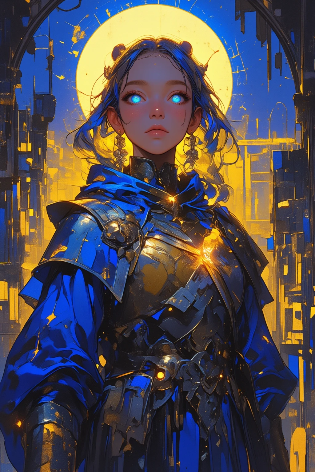  It depicts a woman with blue eyes and yellow hair wearing a robe in a medieval city,  Detailed painting from the Dune movie , acrylic and spraypaint,  Wicked Realm Magical Painting Atmosphere ,  Detailed photo of the album cover  ,  detailed 4k painting , Ultra-detailed painting,  Airbrush Artwork ,  Airbrushed Painting , High definition painting ,  high-angle close-up , Detailed Airbrush Art , Black canvas painting 