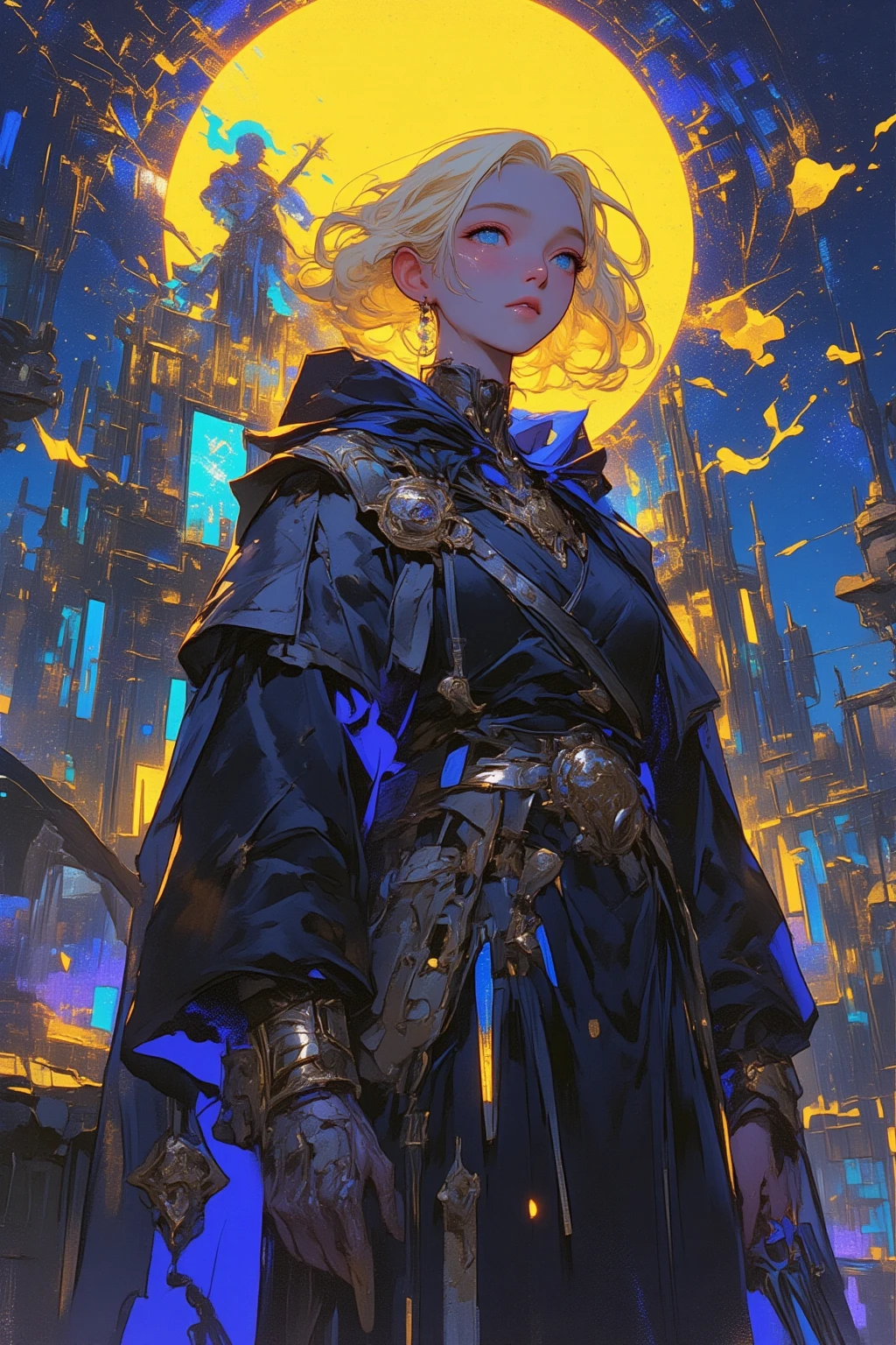  It depicts a woman with blue eyes and yellow hair wearing a robe in a medieval city,  Detailed painting from the Dune movie , acrylic and spraypaint,  Wicked Realm Magical Painting Atmosphere ,  Detailed photo of the album cover  ,  detailed 4k painting , Ultra-detailed painting,  Airbrush Artwork ,  Airbrushed Painting , High definition painting ,  high-angle close-up , Detailed Airbrush Art , Black canvas painting 