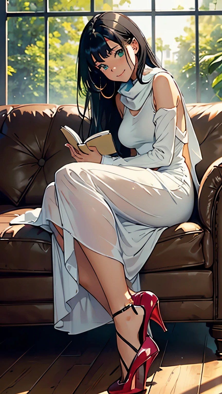    ((masterpiece, high resolution, better quality, better details)), ((Smiling)), ((one girl)) a girl reading a book on a cozy window seat in a quaint cottage, full body, wearing a long, wool knit sweater maxi dress with a turtleneck, ((long dress without openings)), ((Louboutin high heels)), visible high heels, green eyes, ((black hair, long hair)), shiny skin, ((front view)), solo, from the front, full body, focus full body, with soft cushions and a view of the countryside