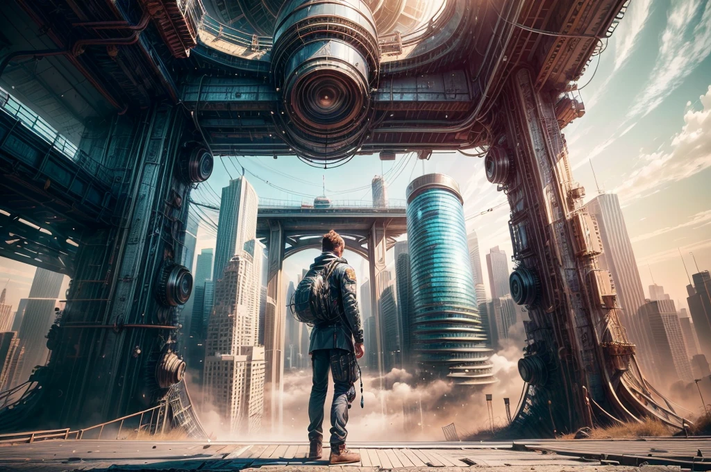 ( 8K unit wallpaper CG extreme detail , masterpiece,  top quality ,  super detailed ), ((( solo )))), ((Ultra Wide Angle Lens :1.15)), In the background， A man standing on a bridge looking at a distant sci-fi city, ((rear view)), ((whole body)), ( high detail), (complex details), complex, magnificent view, detailed environment, highly detailed environment, Illustrator , (masterpiece).