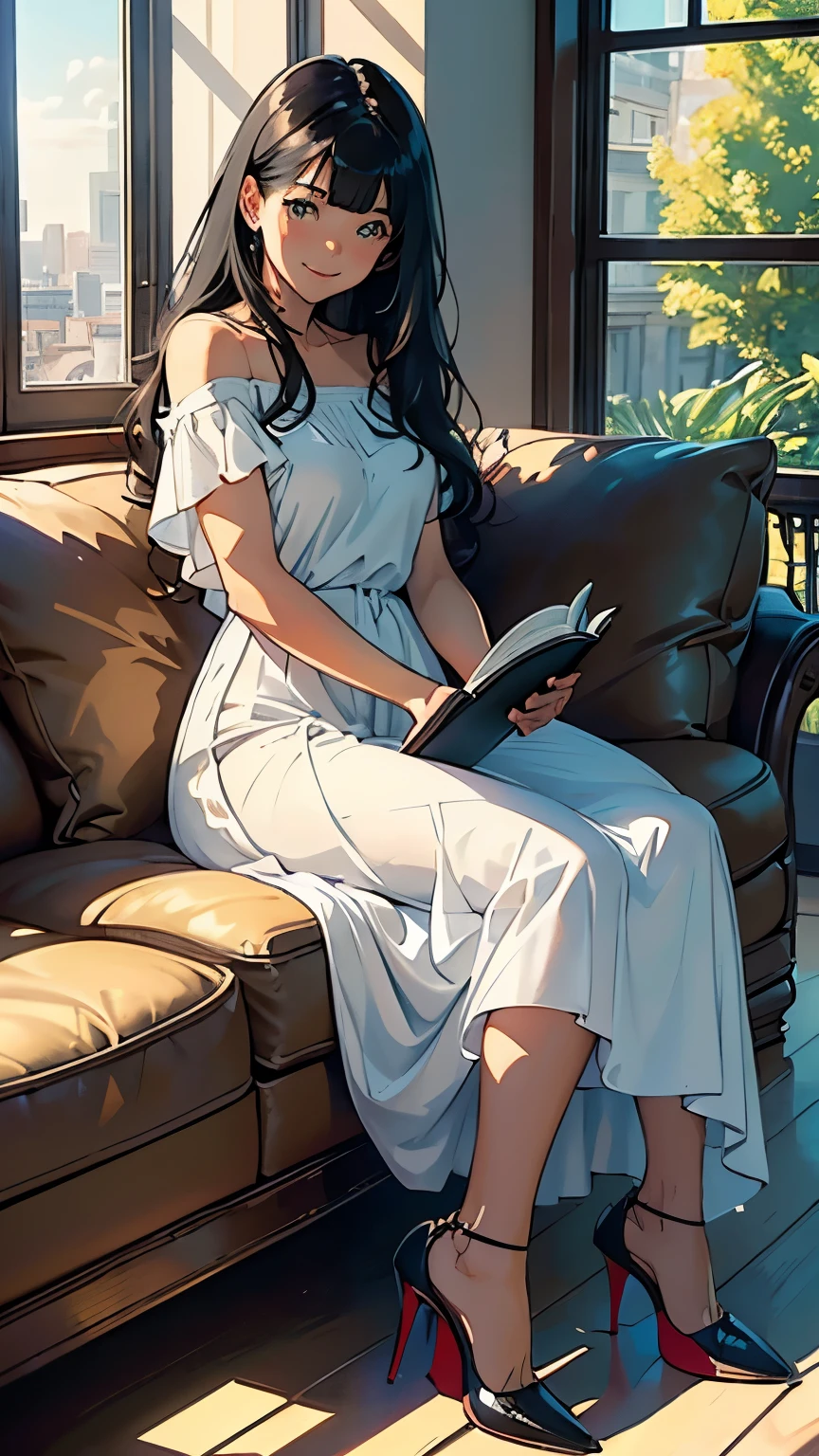    ((masterpiece, high resolution, better quality, better details)), ((Smiling)), ((one girl)) a girl reading a book on a cozy window seat in a quaint cottage, full body, wearing a long, wool knit sweater maxi dress with a turtleneck, ((long dress without openings)), ((Louboutin high heels)), visible high heels, green eyes, ((black hair, long hair)), shiny skin, ((front view)), solo, from the front, full body, focus full body, with soft cushions and a view of the countryside