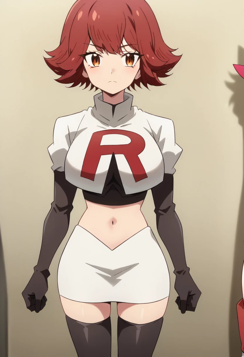 byleri, short hair, red hair, 1girl, brown eyes, brown hair, solo, large breasts, looking at viewer, team rocket,team rocket uniform,white skirt,red letter R,crop top,black thigh-highs,black elbow gloves, score_9, score_8_up, score_7_up, , anime coloring ,BREAK source_anime, anime