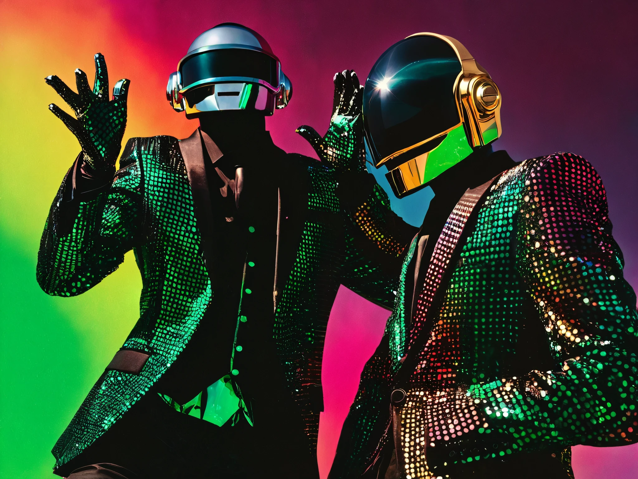 Make me a photorrealistic Daft Punk image with high level of detail of the two DJs with fancy suits. The two DJs are shown in a extremely ridiculous dancing pose, DJs full body are shown in the image. The background it is very psychedelic with red and green tones.