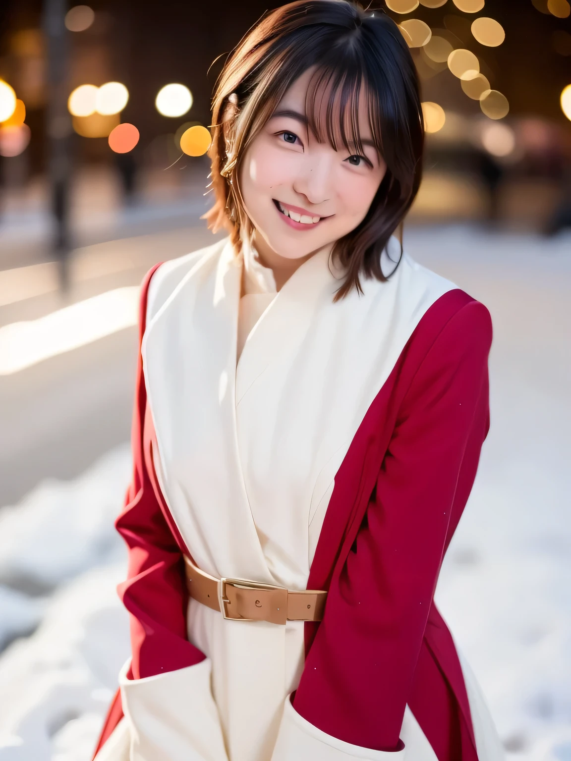 A young woman dressed in a classic Santa Claus outfit stands at a bustling street corner, her red and white coat and matching skirt perfectly tailored to her petite frame. Black boots crunch softly against a thin layer of fresh snow. On her back, she carries a large white sack brimming with presents, the fabric slightly bulging as if barely containing the festive treasures within. The warm glow of Christmas lights strung across storefronts reflects off the snow-covered ground, while the sky transitions from a fiery orange of sunset to a deepening twilight blue. Snowflakes drift lazily through the air, adding a touch of magic to the scene. Her radiant smile and sparkling eyes exude joy, creating a stark yet heartwarming contrast to the serene winter evening, embodying the spirit of the season.  ( RAW photos , top quality ), ( realistic , photo- realistic :1.4), masterpiece, extremely delicate and beautiful, extremely detailed, 2k wallpaper, wonderful, Detailed description, extremely detailed CG unity 8k wallpaper, ultra detail showing the cathedral, high res, Soft light, beautiful with great attention to detail, extremely detailed eyes and face, beautiful detailed nose, beautiful detailed eyes, cinematic lighting , Perfect Anatomy, slender body, smile. 