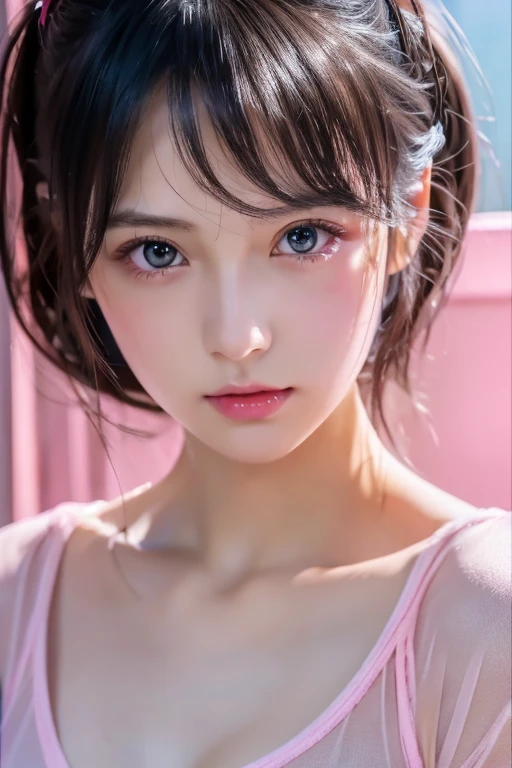   Lori anime girl in pink wet clothes, Realistic shadows,   detailed skin,  very small breasts  ,   black hair,  hair bow,   very detailed, 8K high resolution face  , Perfect Face Shape, Perfect Lips, Perfect ,   beautiful eyes,   viewers, masterpiece,  top quality , woman, , Alone