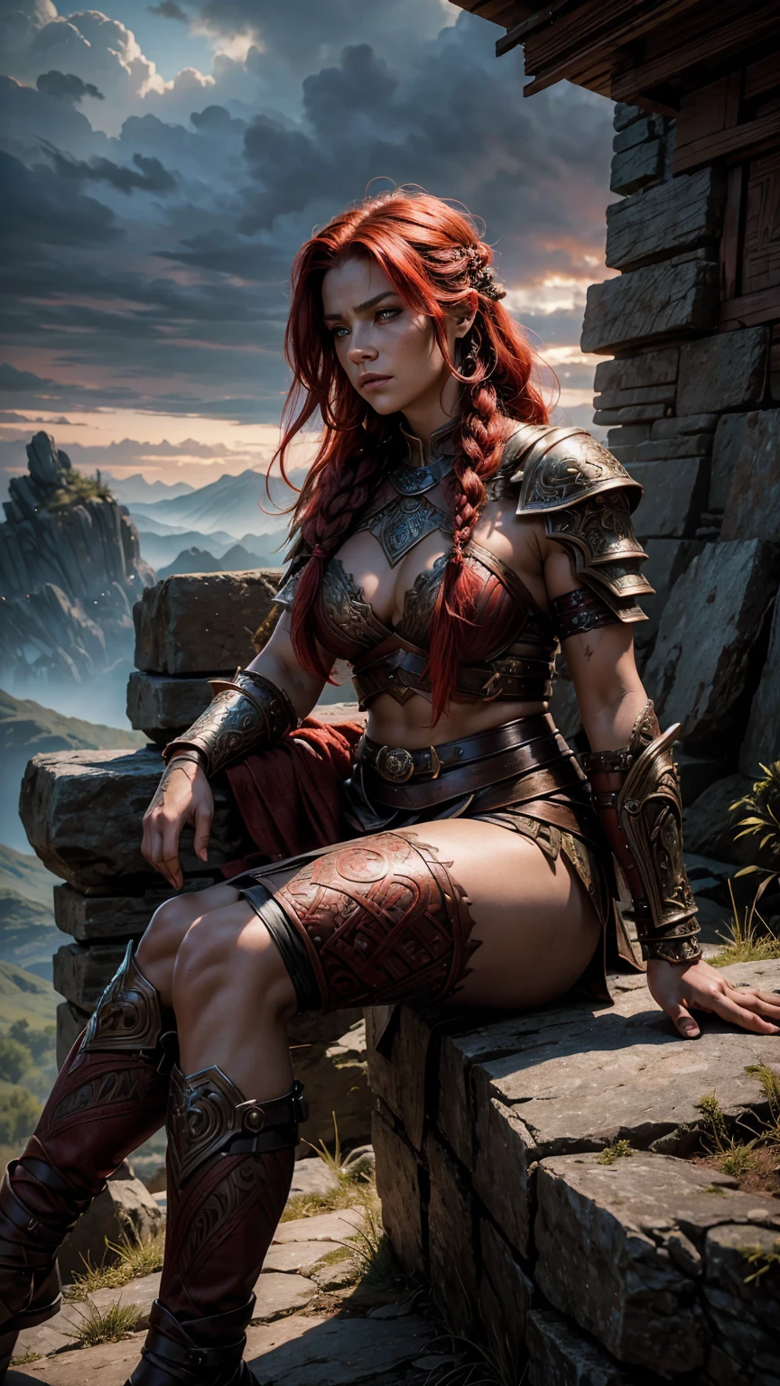 Highly detailed, cinematic, realistic. A striking dwarven warrior inspired by Dungeons and Dragons, her fiery red hair cascading in intricate, alluring braids. She wears form-fitting, intricate half-plate armor, accentuating her curves while leaving her tattooed arms and legs partially visible. The tattoos are a mix of intricate designs, runes, and battle symbols, telling the story of her victories and the gods' challenges she has faced. Her armor shows scars and marks from countless battles against sea serpents, giants, and other legendary foes. She sits confidently on a barrel or rocky ledge overlooking a vast valley, her double-edged, ancient legendary axe resting beside her, exuding strength and heritage. The scene blends her beauty, resilience, and warrior spirit, framed by a dramatic, moody atmosphere.