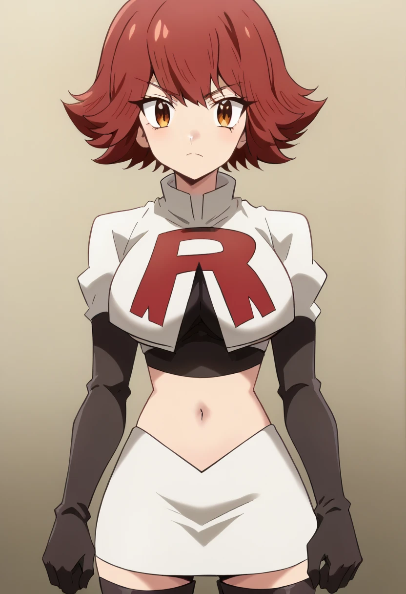 byleri, short hair, red hair, 1girl, brown eyes, brown hair, solo, large breasts, looking at viewer, team rocket,team rocket uniform,white skirt,red letter R,crop top,black thigh-highs,black elbow gloves, score_9, score_8_up, score_7_up, , anime coloring ,BREAK source_anime, anime