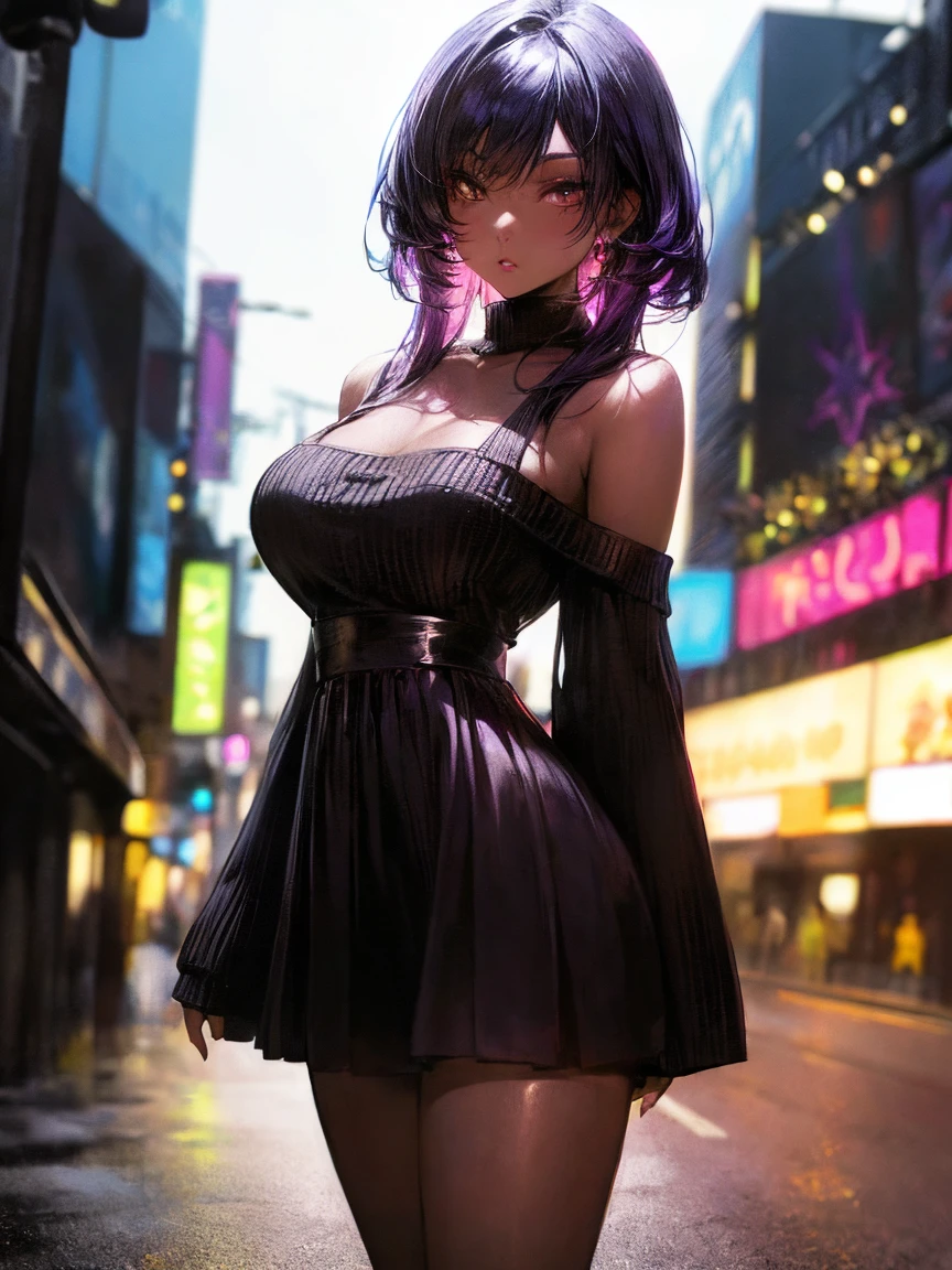 (masterpiece, highest quality:1.2),  Off-the-shoulder sweater dresses, cinematic lighting、purple and black hair、(Mine Girl、goth makeup、my makeup)、(earrings、big breasts、Oversized black T-shirt with open shoulders、Dark mini skirt)、((dark makeup、oil skin,glowing skin、realistic skin texture、fine and beautiful skin、shiny skin)), night's dark downtown、night、Kabukicho、Dark Cyberpunk、(full shot:1.8)、thin legs、thin arms、thin shoulders、thin waist、slender body、big breasts、whole body