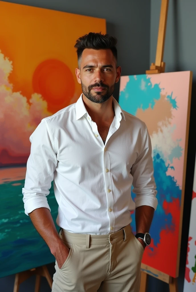 Imagem realista de personal trainner, 100 lagoas de peso, without wearing a shirt and wearing only a pair of short shorts, alta qualidade, highest resolution, Standing position, hands straight down, profissional, belos olhos detalhados ligeiramente esverdeados , beautiful detailed lips, barba curta, cabelos curtos loiros;, kind expression, sorriso quente, olhar diferenciado, Adequate lighting, fundo liso, imagem limpa sem efeito desfocado, textura ultra-detalhada,master part:1.2