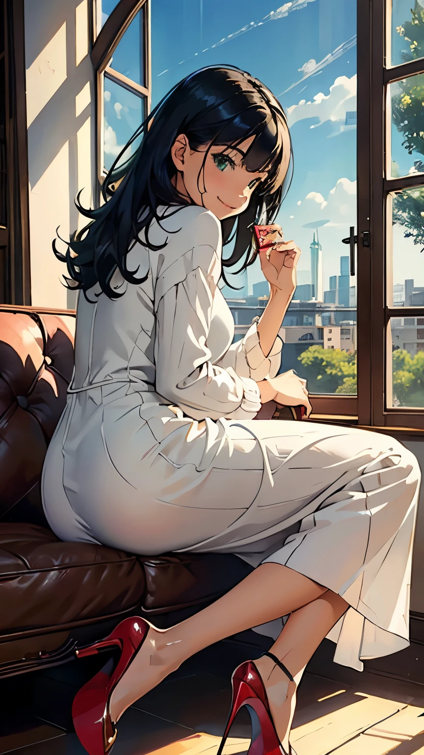    ((masterpiece, high resolution, better quality, better details)), ((Smiling)), ((one girl)) a girl reading a book on a cozy window seat in a quaint cottage, full body, wearing a long, wool knit sweater maxi dress with a turtleneck, ((long dress without openings)), ((Louboutin high heels)), visible high heels, green eyes, ((black hair, long hair)), shiny skin, ((front view)), solo, from the front, full body, focus full body, with soft cushions and a view of the countryside