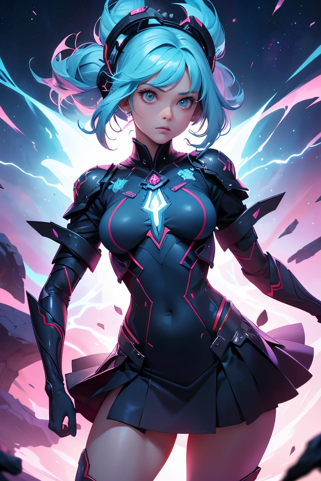 (HD CG,masterpiece,battle garments,lovly,Side Body,Cheerful expression),(1girl),Sweet details,pink short hair,(blue dress:1.2),Mechanical environment,neons,the night,Single standing painting,Design clothing,ambient details,deep dark background,Dynamic shot effects。