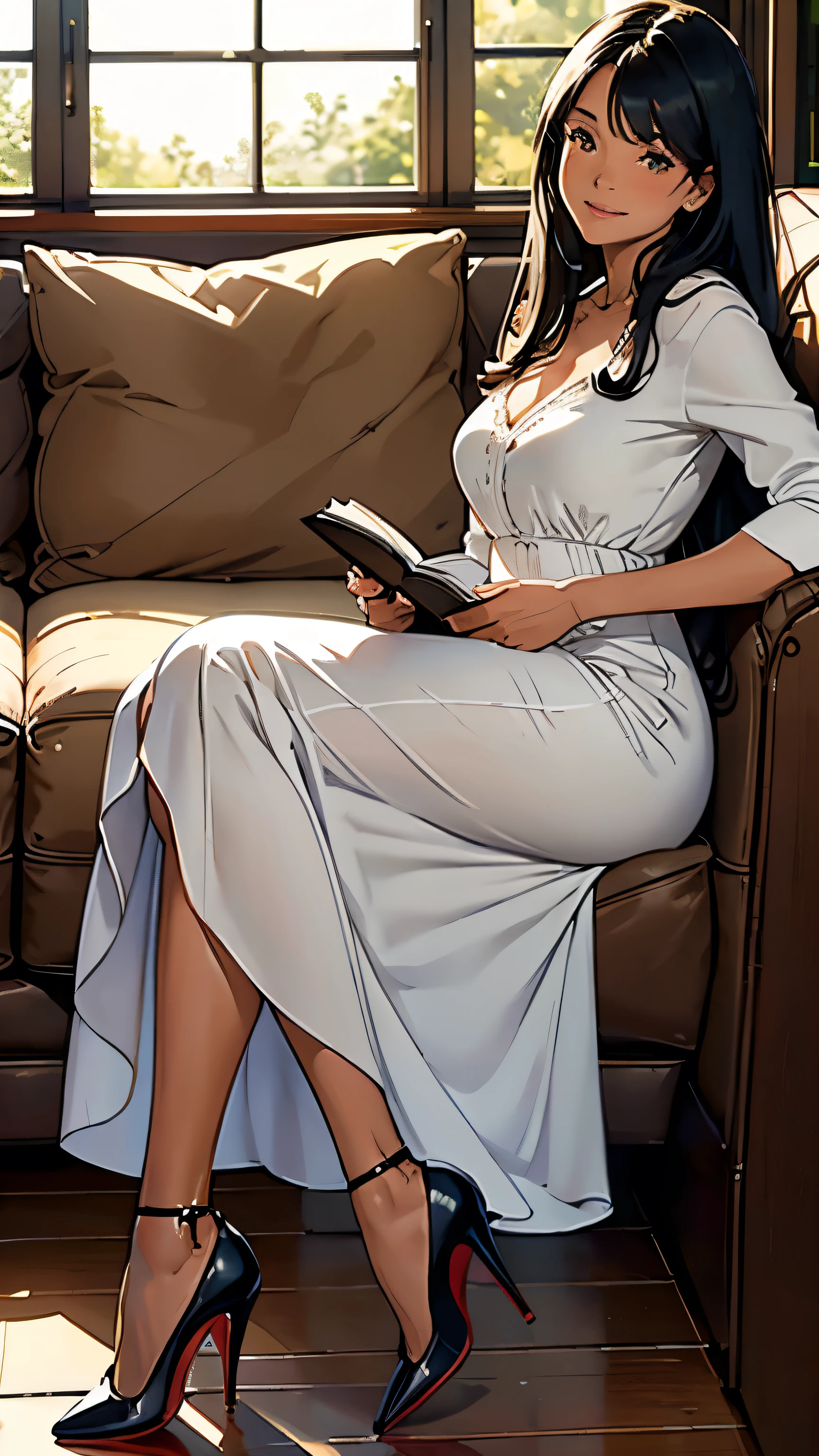    ((masterpiece, high resolution, better quality, better details)), ((Smiling)), ((one girl)) a girl reading a book on a cozy window seat in a quaint cottage, full body, wearing a long, wool knit sweater maxi dress with a turtleneck, ((long dress without openings)), ((Louboutin high heels)), visible high heels, green eyes, ((black hair, long hair)), shiny skin, ((front view)), solo, from the front, full body, focus full body, with soft cushions and a view of the countryside