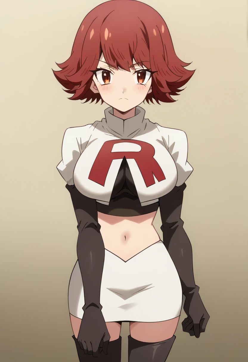 byleri, short hair, red hair, 1girl, brown eyes, brown hair, solo, large breasts, looking at viewer, team rocket,team rocket uniform,white skirt,red letter R,crop top,black thigh-highs,black elbow gloves, score_9, score_8_up, score_7_up, , anime coloring ,BREAK source_anime, anime