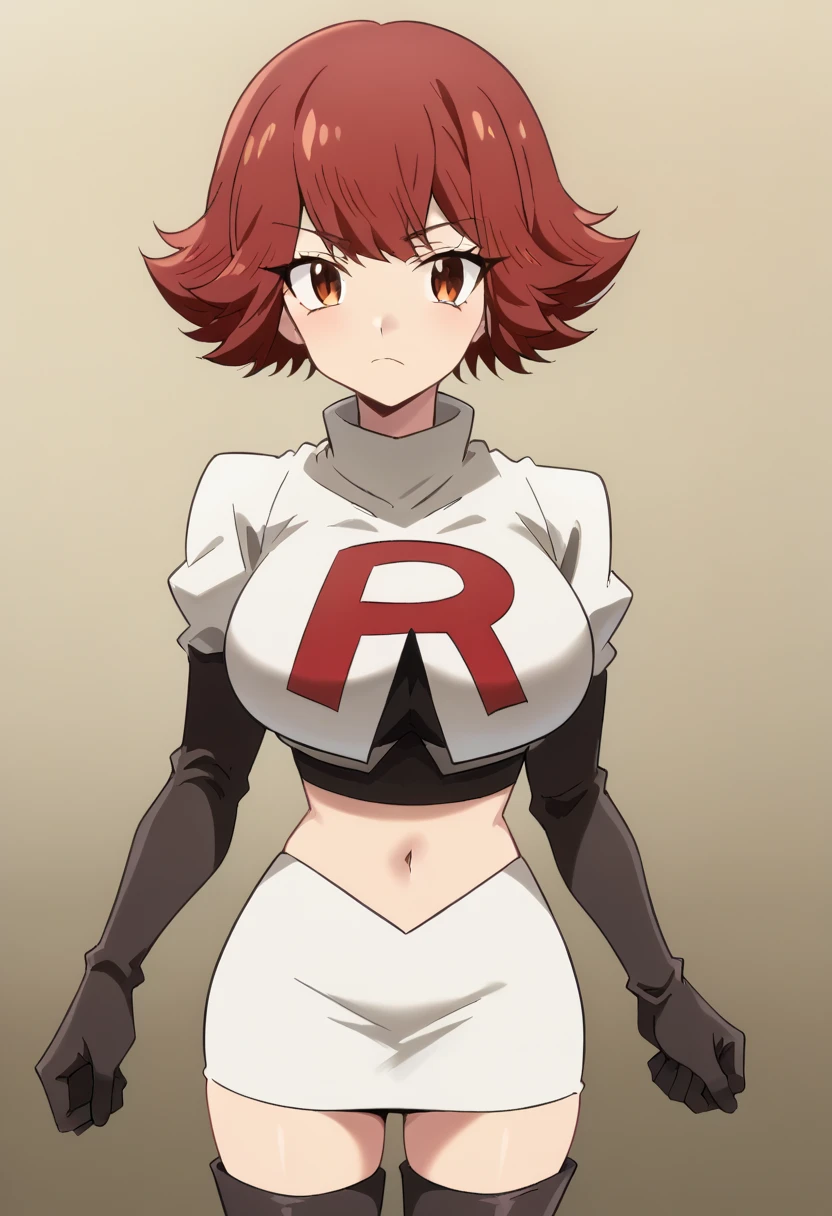 byleri, short hair, red hair, 1girl, brown eyes, brown hair, solo, large breasts, looking at viewer, team rocket,team rocket uniform,white skirt,red letter R,crop top,black thigh-highs,black elbow gloves, score_9, score_8_up, score_7_up, , anime coloring ,BREAK source_anime, anime