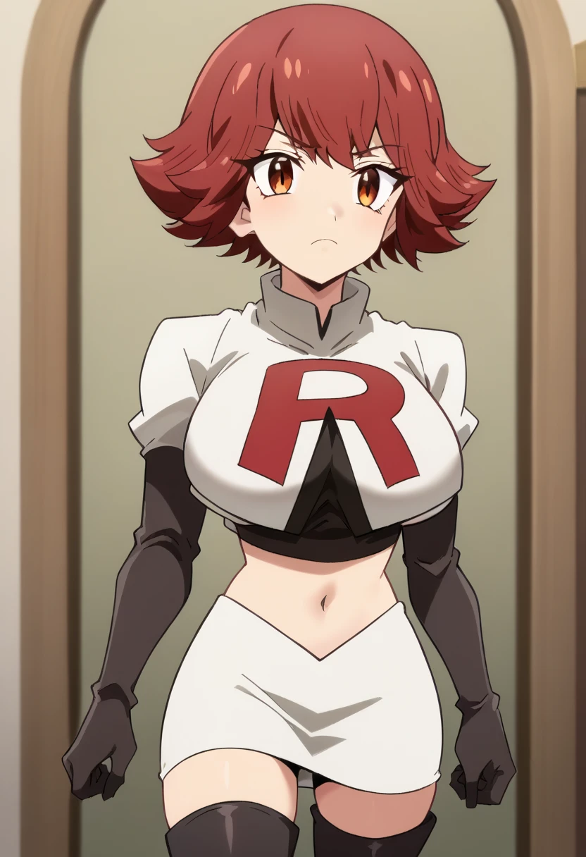 byleri, short hair, red hair, 1girl, brown eyes, brown hair, solo, large breasts, looking at viewer, team rocket,team rocket uniform,white skirt,red letter R,crop top,black thigh-highs,black elbow gloves, score_9, score_8_up, score_7_up, , anime coloring ,BREAK source_anime, anime