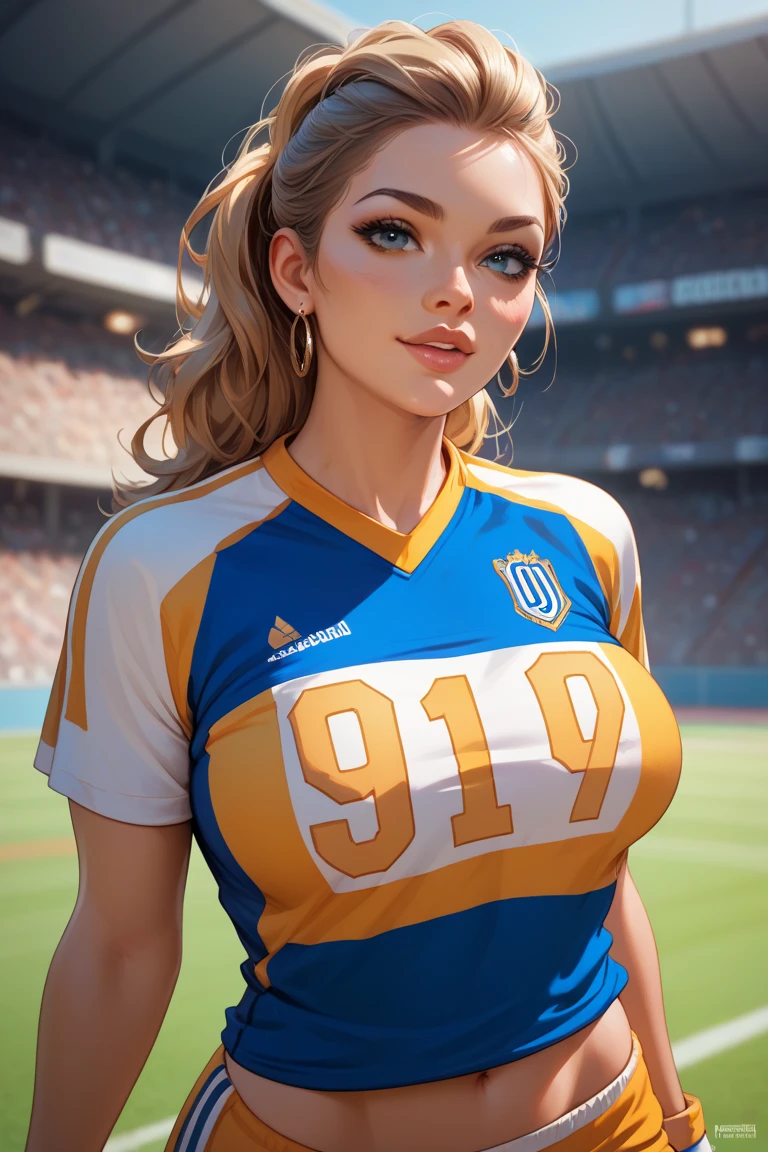 (Ela tem grandes olhos azuis brilhantes), tirando uma no espelho), (glossy and red lips) ((longos cabelos rabo de cavalo)), mini saia, ((in cheerleader outfit)), ((Seios muito enormes)), (perfect detailed hands), (Corpo fino perfeito), (8k)(rosto perfeito)(ultra detalhes) (perfect hands, olho, e rosto), campo de futebol americano