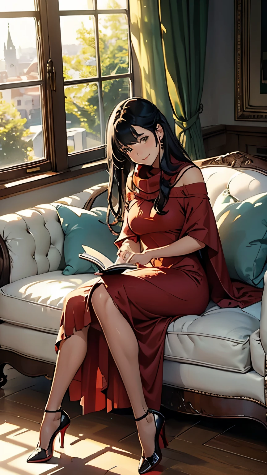    ((masterpiece, high resolution, better quality, better details)), ((Smiling)), ((one girl)) a girl reading a book on a cozy window seat in a quaint cottage, full body, wearing a long, wool knit sweater maxi dress with a turtleneck, ((long dress without openings)), ((Louboutin high heels)), visible high heels, green eyes, ((black hair, long hair)), shiny skin, ((front view)), solo, from the front, full body, focus full body, with soft cushions and a view of the countryside