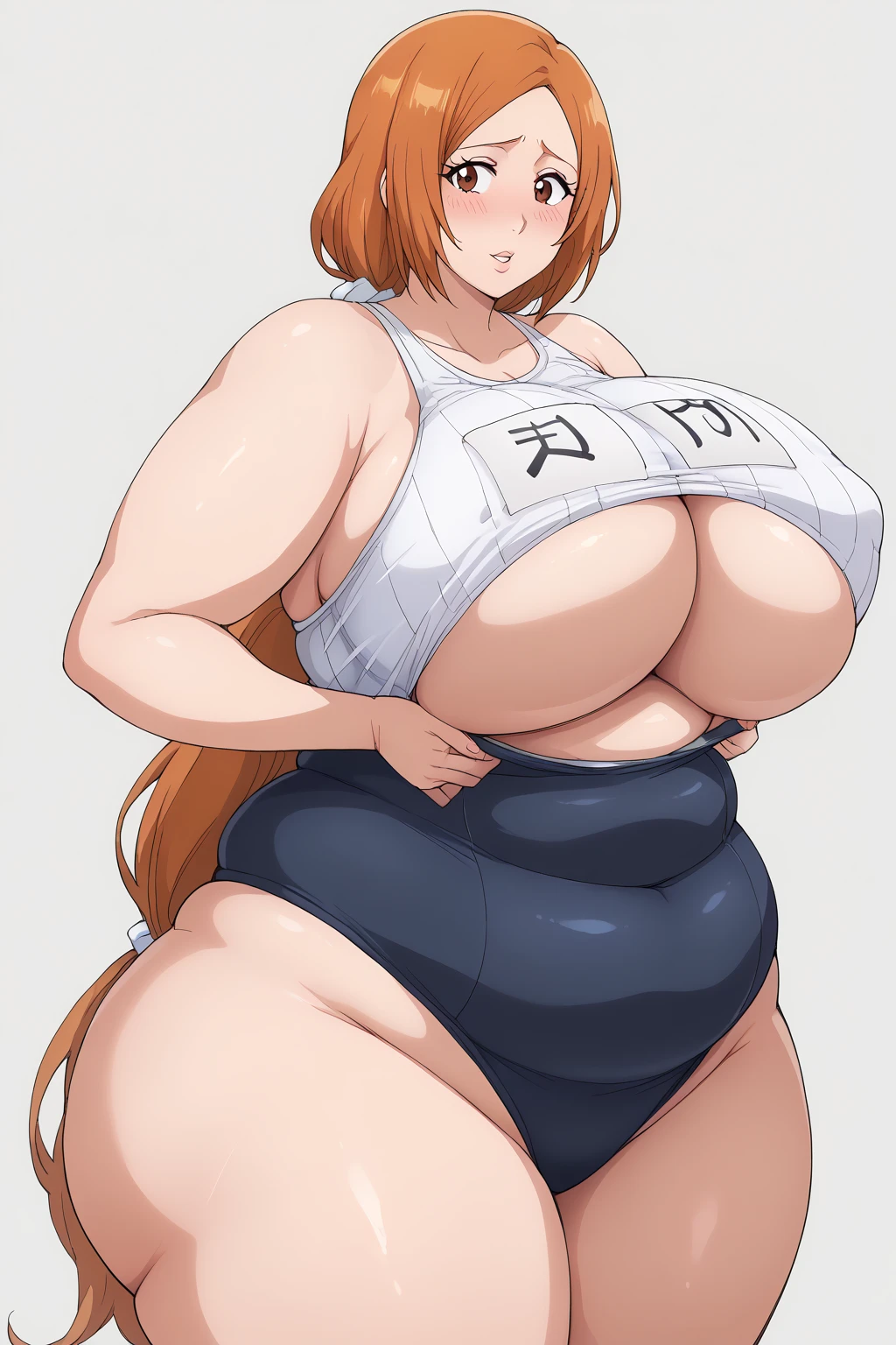 inoue orihime, Orihime Inoue, milf, 40 years old,  long hair,  orange hair,  (brown eyes),low ponytail,  with hair tied together at the back,White scrunchie, ( dark blue school swimsuit ),Breasts are not exposed , score_9,  score_8_ up,  score_7_ up,  score_6_ up,  score_5_ up,  score_4_ up,  Masterpiece ,  top quality , Very aesthetic,   absurd,  Source_Anime, Anime screencap 一人の女性、Alone、 personal 、Super huge breasts, ((( super huge clevis 、Super huge, Super huge boob))),Curvy、 Wide Hips、 embarrassing expression 、  troubled expression,living,  in her 20s, ssbbw, chybby,blush, Fat face, Married Woman,  giant areolas