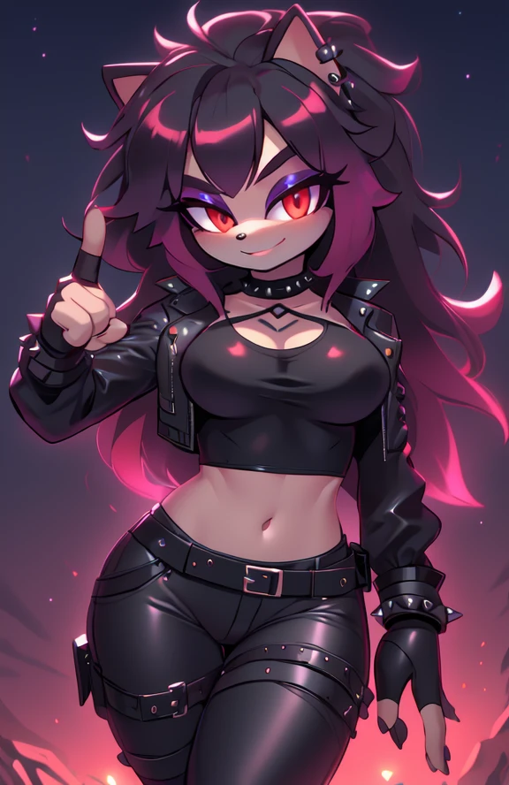 ((masterpiece)) ((UHD)) 4K, High detailed, ((detailed shadowing)) Female anthropomorphic hedgehog, mobian, black fur, furry, Anime style art, Studio Quality, Atractive, gorgeous body, portrait, Best Quality, High resolution, breasts, midriff, multicolored hair black messy long Punk Hair with crimson highlights, long bangs, red eyes, purple eyeshadow, open black leather jacket with magenta lining, black cropped undershirt, belt, magenta spike bracelets, black fingerless gloves, black choker, earrings, black leather pants with magenta stripes, black and crimson punk boots, smug, tactical straps, gun in holster, Looking at viewer, finger fun, pointing at viewer ((nighttime)) ((starry sky)) ((ambient lighting)) (cinematic lighting)) helicopter pad