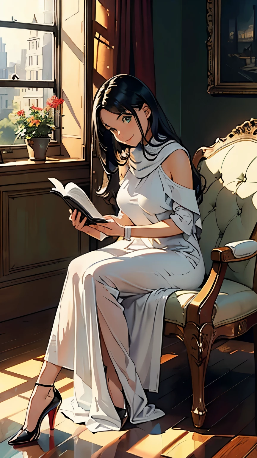    ((masterpiece, high resolution, better quality, better details)), ((Smiling)), ((one girl)) a girl reading a book on a cozy window seat in a quaint cottage, full body, wearing a long, wool knit sweater maxi dress with a turtleneck, ((long dress without openings)), ((Louboutin high heels)), visible high heels, green eyes, ((black hair, long hair)), shiny skin, ((front view)), solo, from the front, full body, focus full body, with soft cushions and a view of the countryside